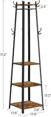 VASAGLE Coat Rack, Coat Stand with 3 Shelves, Hall Tree Free Standing with Hooks for Scarves, Bags, Umbrellas, Steel Frame, Industrial Style, for Entryway, Living Room, Rustic Brown and Black ULCR80X | Coat Hanger Stand, for Clothes, Hat, Bag, Modern Basic, Rustic Brown and Black, BARNET Collection ULCR80X