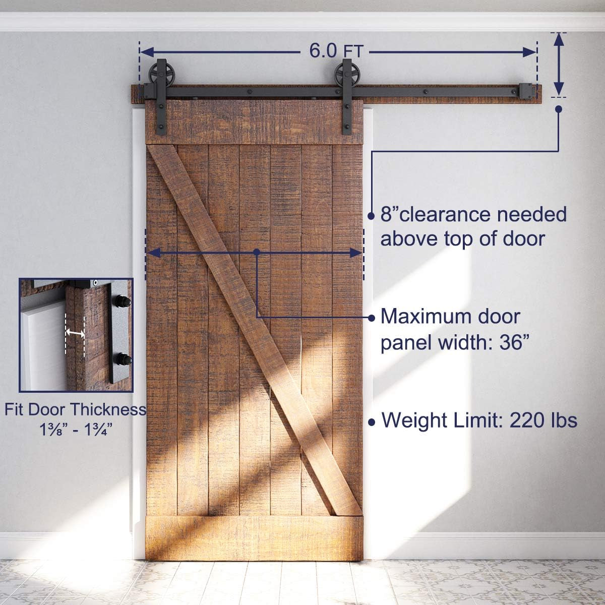 6 Feet Heavy Duty Sliding Barn Door Hardware Kit, 4FT - 18FT, Black, Smoothly and Quietly, Simple and Easy to Install, Fit 36" Wide Panel (Industrial Bigwheel Hangers) | 4FT - 18FT, Black, Smoothly and Quietly, Simple and Easy to Install, Fit 36" Wide Panel (Industrial Bigwheel Hangers)
