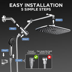 Wide Rain Shower Head with 6 Modes Handheld Water Spray,High Pressure Showerhead Combo with Arm for Bathroom Accessories,Home Decor Detachable Dual Shower with Anti-Clog Nozzles,Silver Chrome