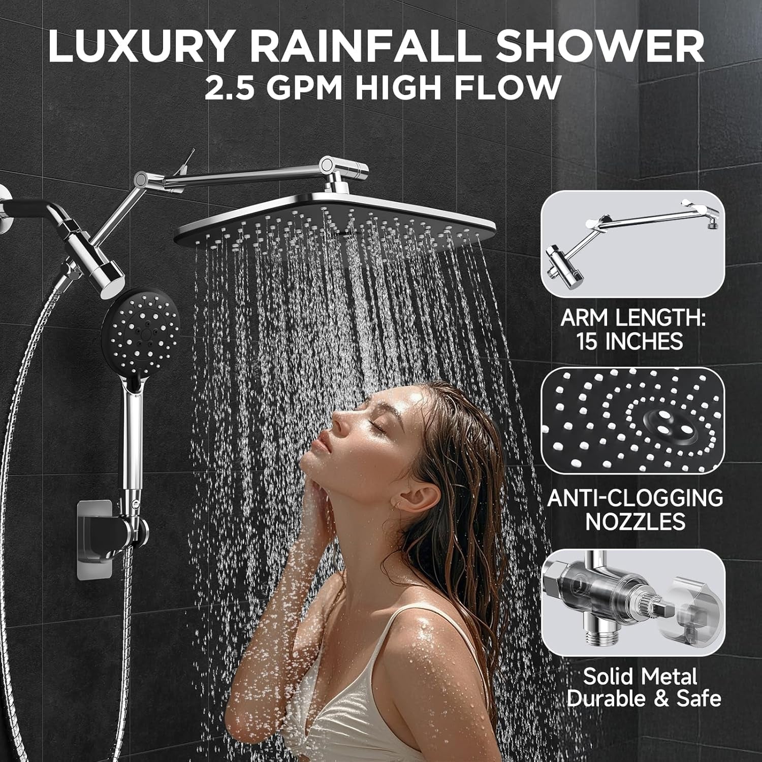 Wide Rain Shower Head with 6 Modes Handheld Water Spray,High Pressure Showerhead Combo with Arm for Bathroom Accessories,Home Decor Detachable Dual Shower with Anti-Clog Nozzles,Silver Chrome