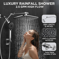 Wide Rain Shower Head with 6 Modes Handheld Water Spray,High Pressure Showerhead Combo with Arm for Bathroom Accessories,Home Decor Detachable Dual Shower with Anti-Clog Nozzles,Silver Chrome