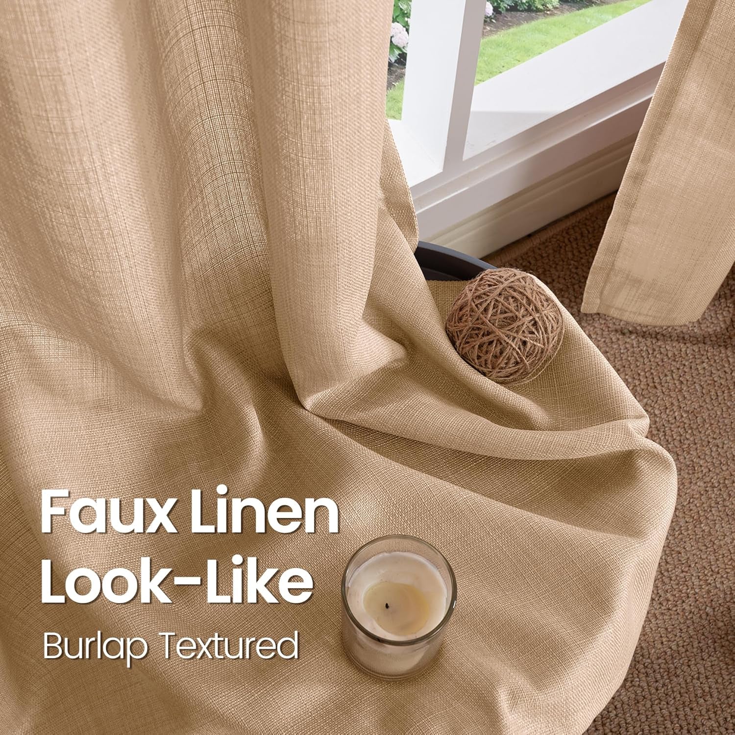 Tan Curtains 84 Inch for Living Room - Light Filtering Faux Linen Look with Burlap Texture, Rustic Farmhouse Window Panels (Set of 2, 52" Wide)