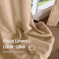 Tan Curtains 84 Inch for Living Room - Light Filtering Faux Linen Look with Burlap Texture, Rustic Farmhouse Window Panels (Set of 2, 52" Wide)