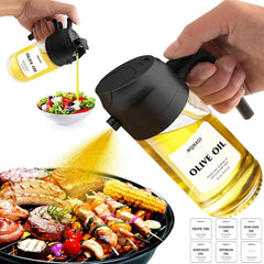 2 in 1 Glass Oil Sprayer & Dispenser,16Oz/470Ml Olive Cooking, Air Fryer, and Salad, for Kitchen Gadgets and Air Fryer Accessories, W/Stickers (Black)