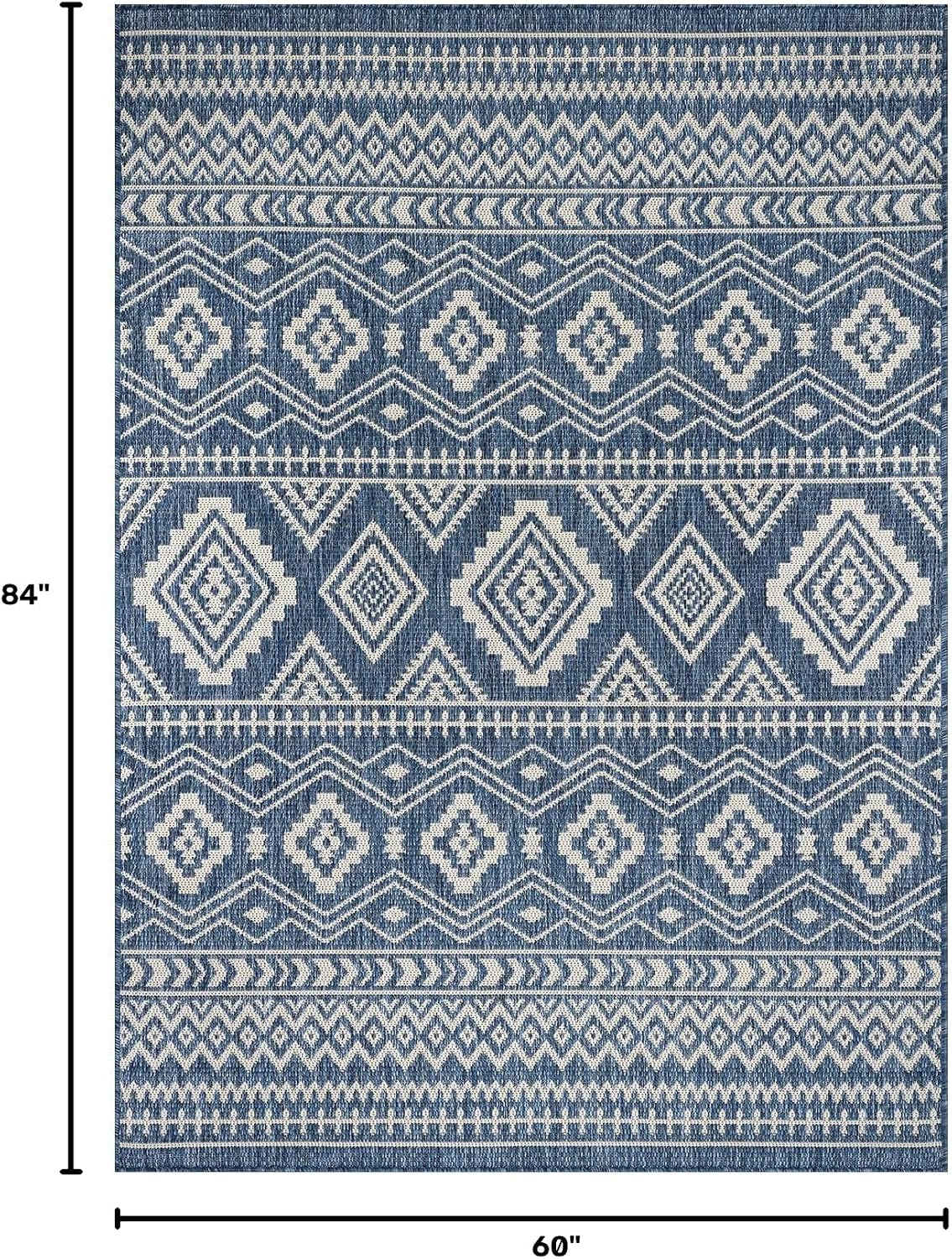Waikiki Boho Indoor Outdoor Rug 5X7, Washable outside Carpet for Patio, Deck, Porch, Bohemian Area Rug, Farmhouse Rugs, Aztec Tribal Rug, Azure and White