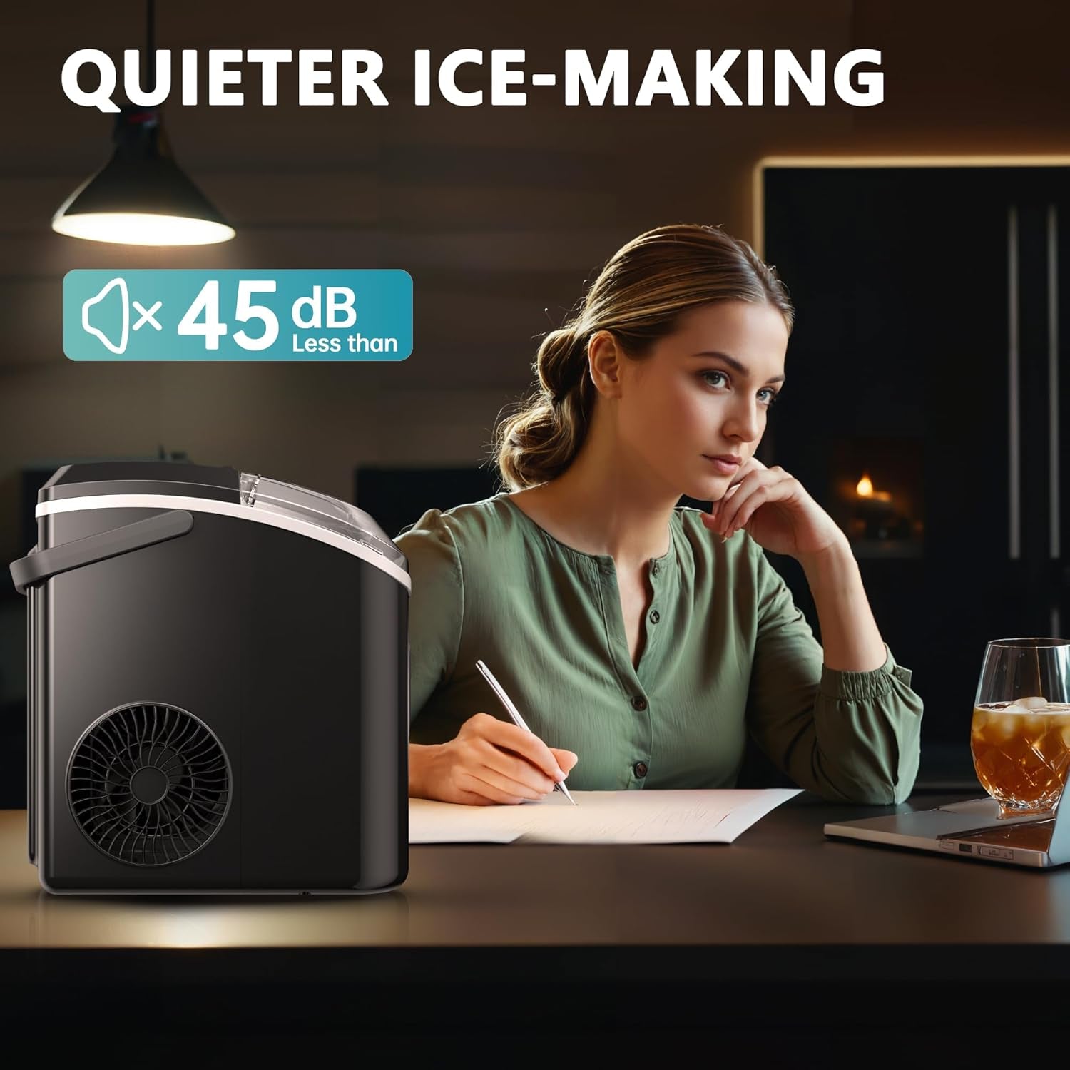 Nugget Ice Maker Countertop with Handle, Ready in 6 Mins, 34Lbs per Day, Removable Top Cover, Auto-Cleaning, Portable Sonic Ice Maker with Basket and Scoop, for Home/Party/Rv/Camping (Black)