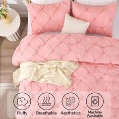 Pink Comforter Set Queen - 3 Pieces Boho Pintuck Bedding Comforter Sets, Lightweight Soft & Warm Bed Comforter Queen with 2 Pillowcases for All Season