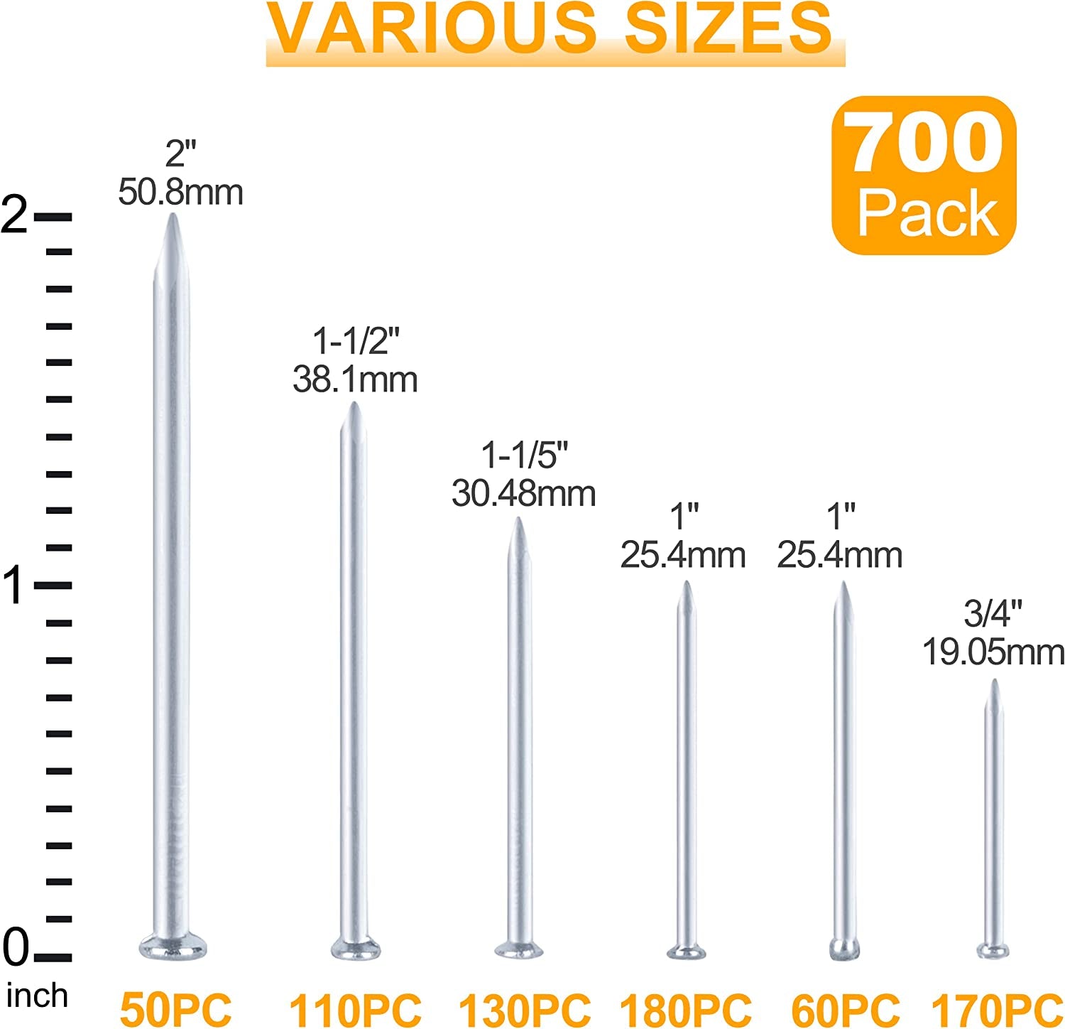 700Pcs Hardware Nails for Hanging Pictures, up to 2"-Long Finish Nails Assortment Kit for Wall Art Decor, 640 Frame Nails and 60 Small Finishing Nails for Drywall Wood - Silver Picture Hangers