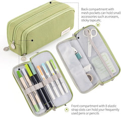Large Capacity Pencil Case 3 Compartment Pouch Pen Bag for School Teen Girl Boy Men Women (Green)
