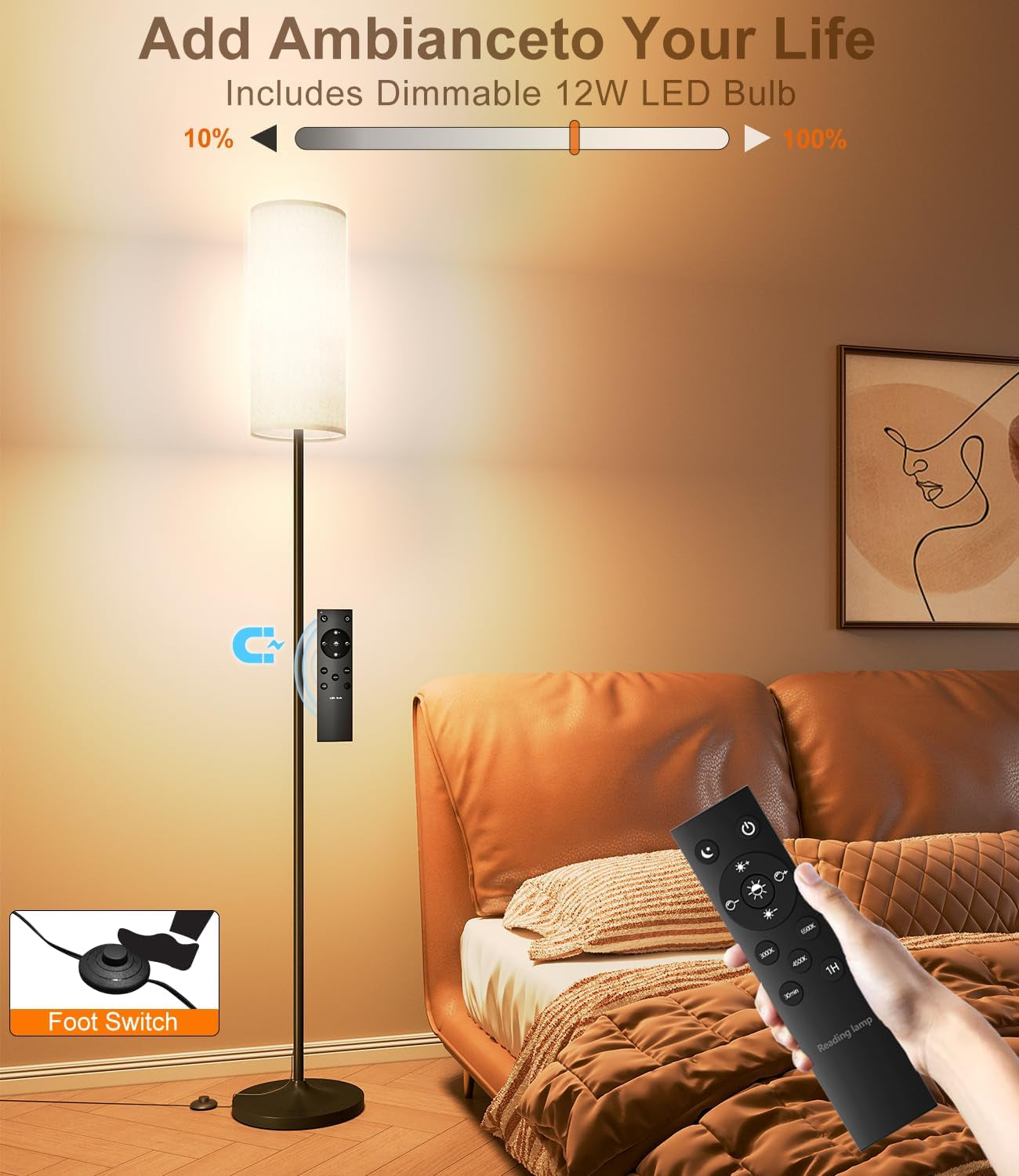 LED Floor Lamp for Living Room, Dimmable Standing Lamps with Foot Switch,Remote Custom Color Temperature Black Pole Lamp with Lampshade,12W Led Bulb Tall Lamps for Bedroom Office Kid Room