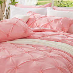 Pink Comforter Set Queen - 3 Pieces Boho Pintuck Bedding Comforter Sets, Lightweight Soft & Warm Bed Comforter Queen with 2 Pillowcases for All Season