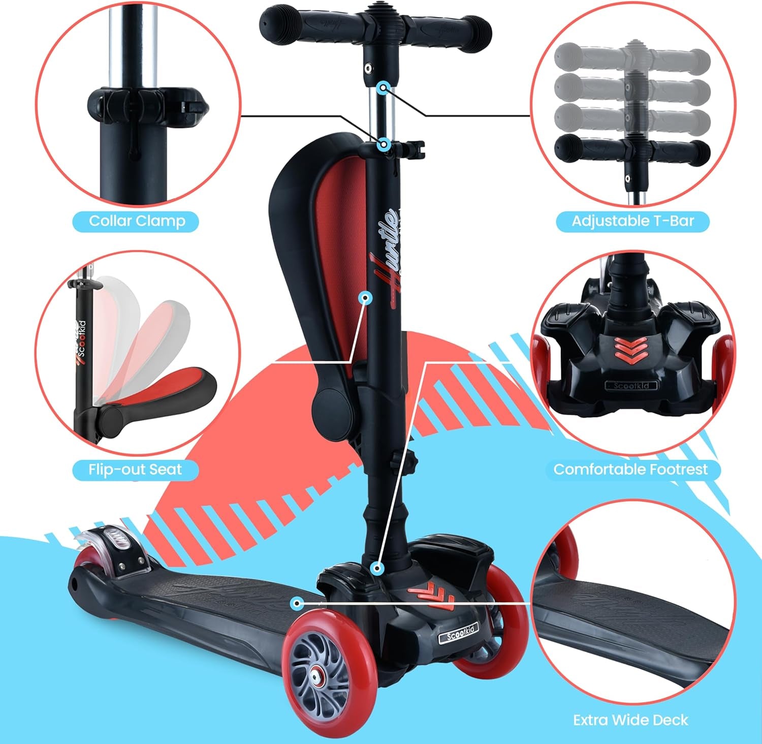 3-Wheeled Scooter for Kids - Wheel LED Lights, Adjustable Lean-To-Steer Handlebar, and Foldable Seat - Sit or Stand Ride with Brake for Boys and Girls Ages 1-14 Years Old