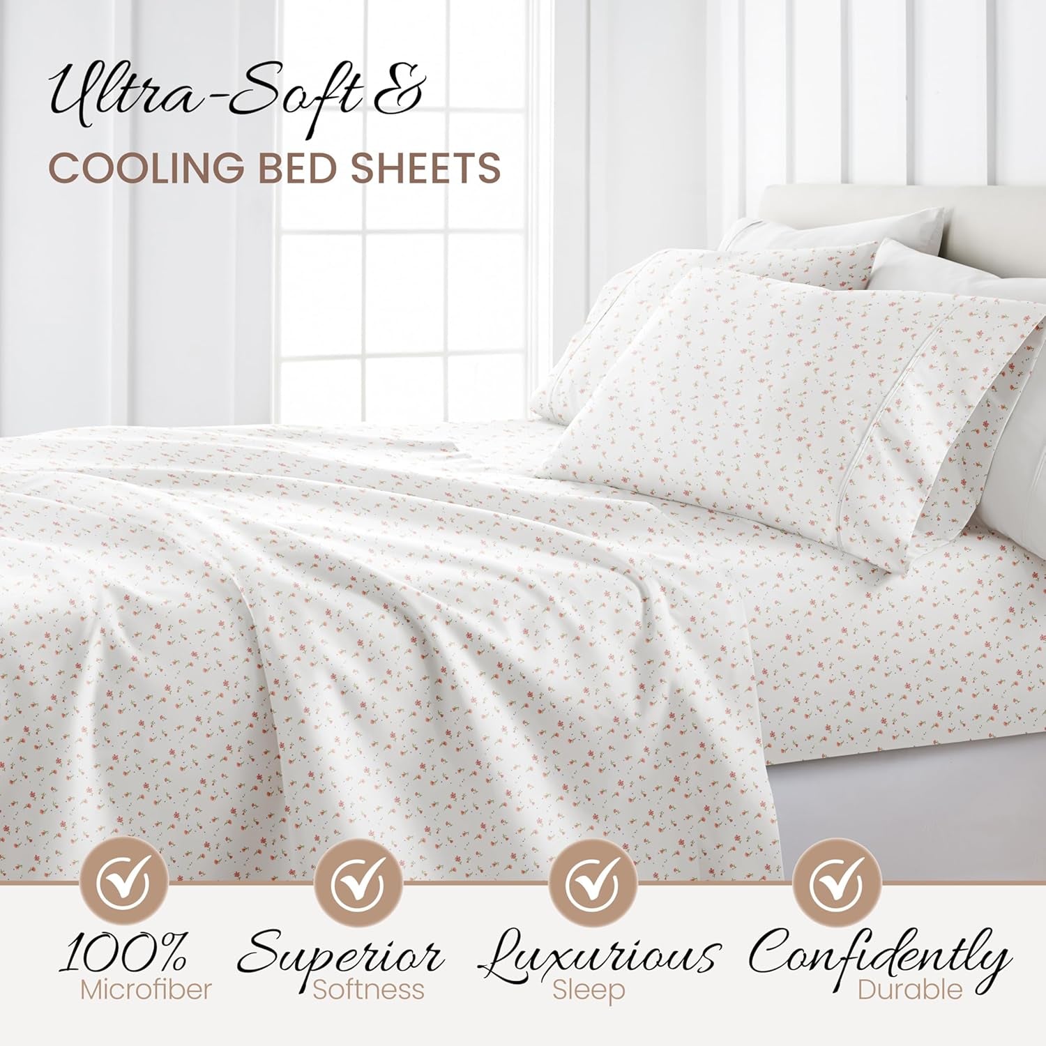 4 Piece Queen Sheet Set - Breathable, Double-Brushed Patterned Cooling Sheets – Oeko-Tex Certified Ultra Soft & Wrinkle-Free 16" Deep-Pocket Queen Sheets - Easy Care Soft Floral Pink
