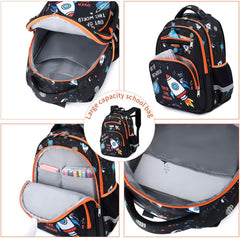 Kids Backpack for School Boys 6-10Age,16In Elementary Space Prints Bookbag | Kindergarten Lightweight Waterproof Large Capacity Sturdy Durable 6-Pockets Chest Buckle and Reflective Stripsfor Backpack