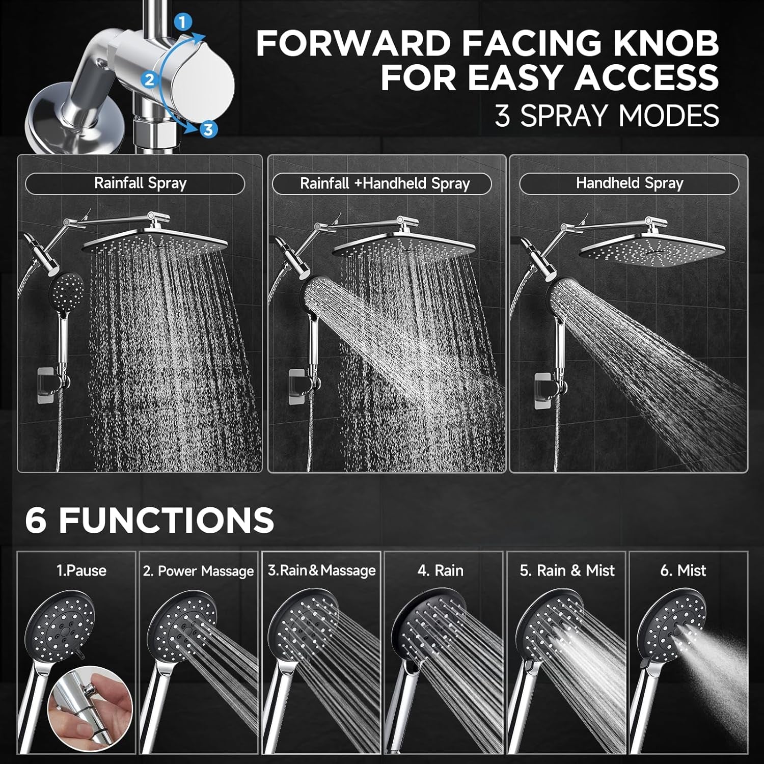 Wide Rain Shower Head with 6 Modes Handheld Water Spray,High Pressure Showerhead Combo with Arm for Bathroom Accessories,Home Decor Detachable Dual Shower with Anti-Clog Nozzles,Silver Chrome