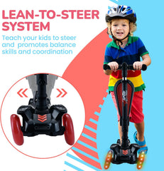 3-Wheeled Scooter for Kids - Wheel LED Lights, Adjustable Lean-To-Steer Handlebar, and Foldable Seat - Sit or Stand Ride with Brake for Boys and Girls Ages 1-14 Years Old