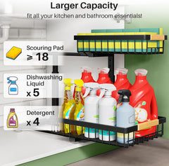 Under Sink Organizer, 2 Packs 2 Tier under Sink Organizers and Storage, Slide Out Pull Out Cabinet Organizer Shelf, Metal Sliding Drawer for Kitchen Bathroom Pantry Cabinet Closet Organization Rack