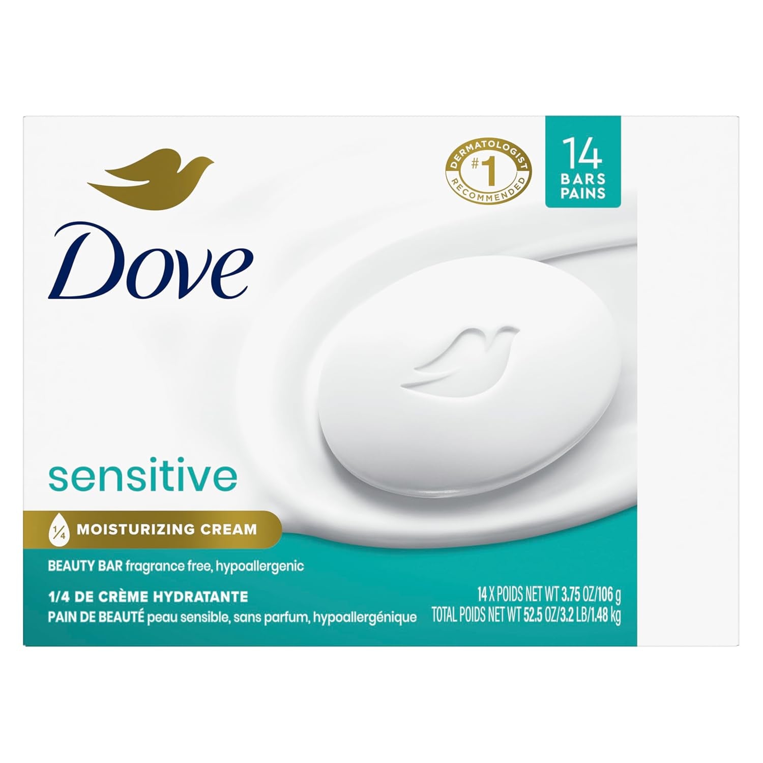 Dove Beauty Bar More Moisturizing than Bar Soap for Softer Skin, Fragrance-Free, Hypoallergenic, Sensitive Skin with Gentle Cleanser 3.75 Oz 14 Bars