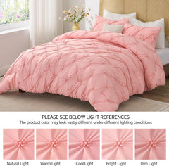 Pink Comforter Set Queen - 3 Pieces Boho Pintuck Bedding Comforter Sets, Lightweight Soft & Warm Bed Comforter Queen with 2 Pillowcases for All Season