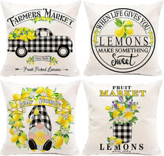 Summer Throw Pillow Covers 16X16, Lemon Pillow Covers(No Insert) | Set of 4, Outdoor Pillows Cover, Lemmon, Gnome, Truck, Farmhouse, Decorative Buffalo Plaid, Cushion, Bedroom, Indoor Decor