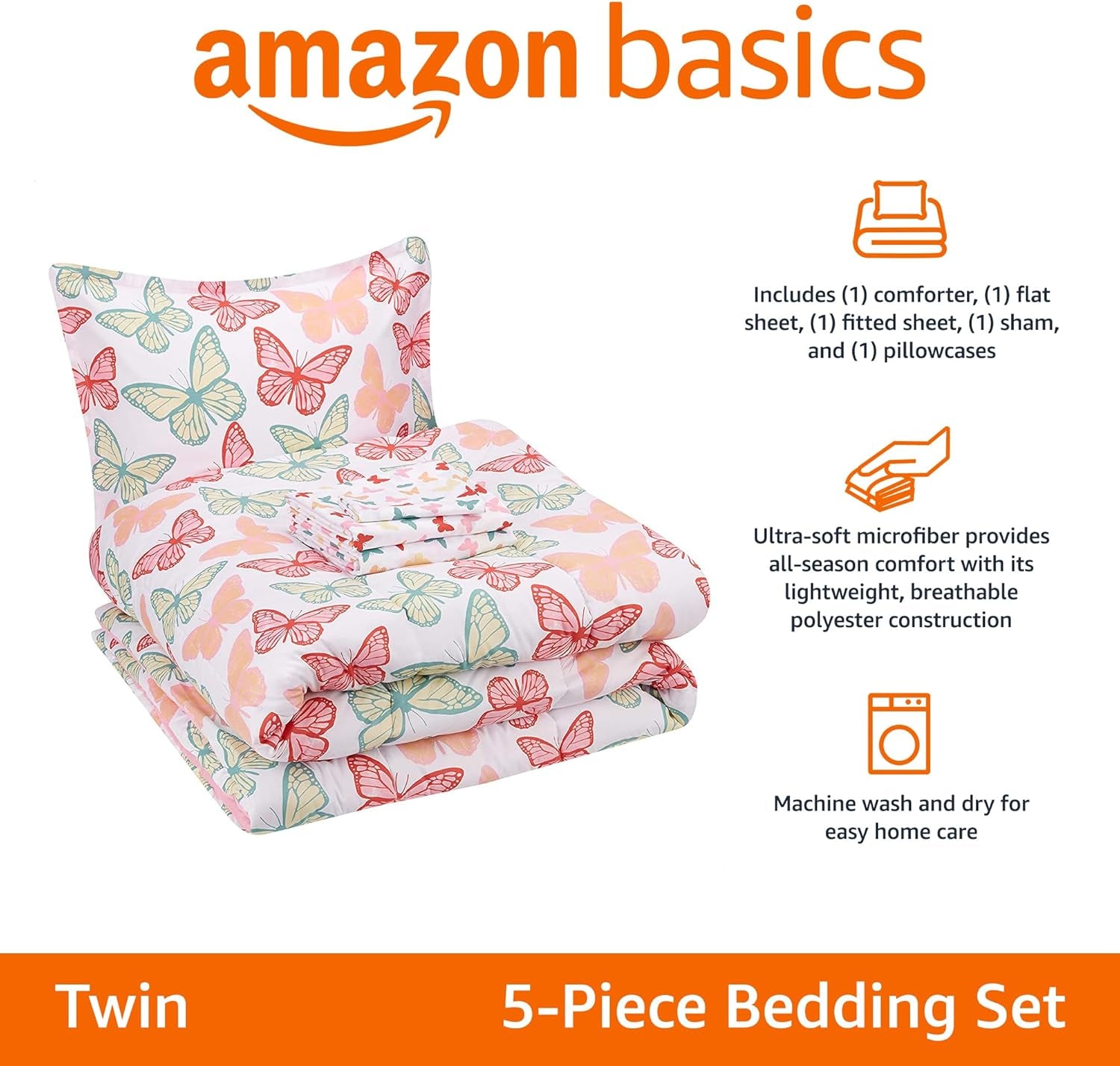 Kid'S Soft, Easy Care Microfiber Bed-In-A-Bag 5-Piece Bedding Set, Twin, Butterfly Friends