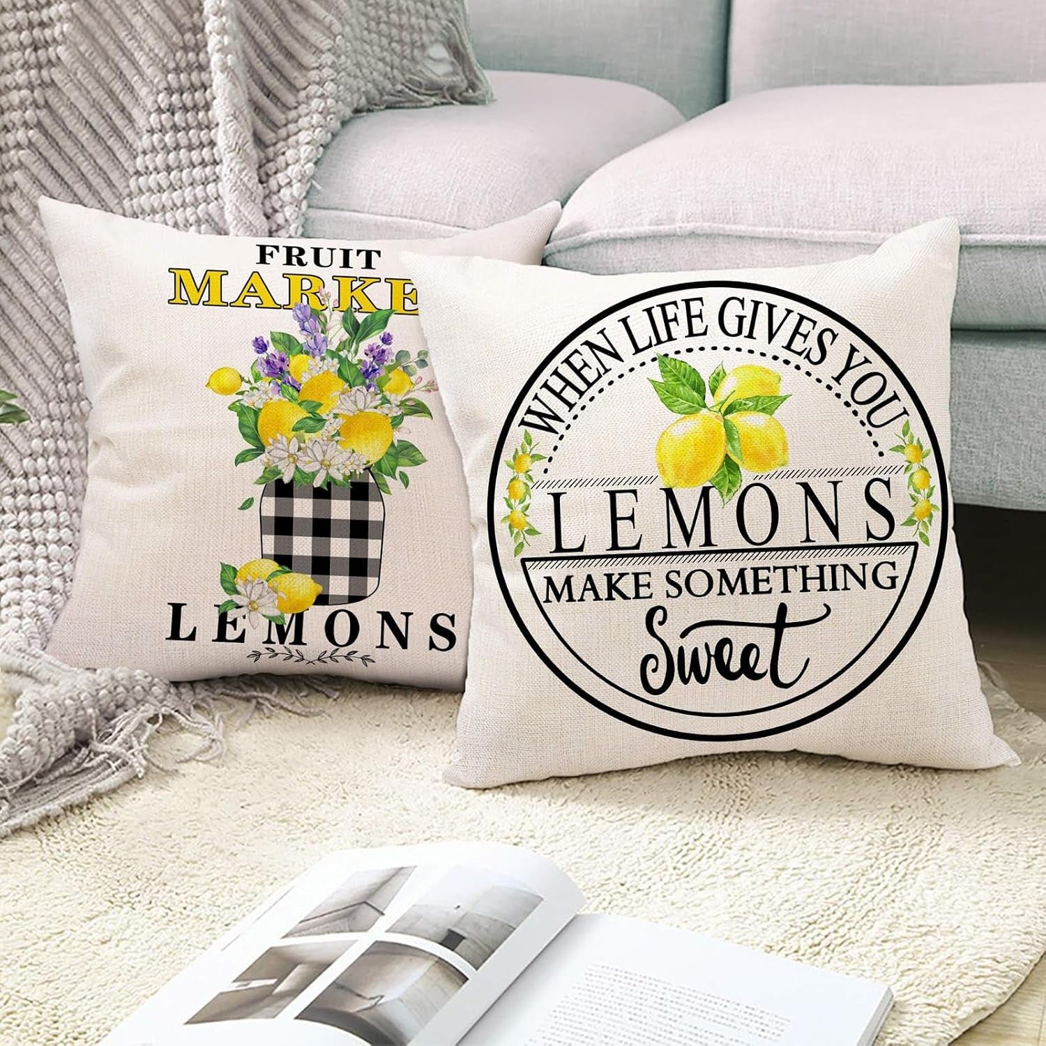 Summer Throw Pillow Covers 16X16, Lemon Pillow Covers(No Insert) | Set of 4, Outdoor Pillows Cover, Lemmon, Gnome, Truck, Farmhouse, Decorative Buffalo Plaid, Cushion, Bedroom, Indoor Decor