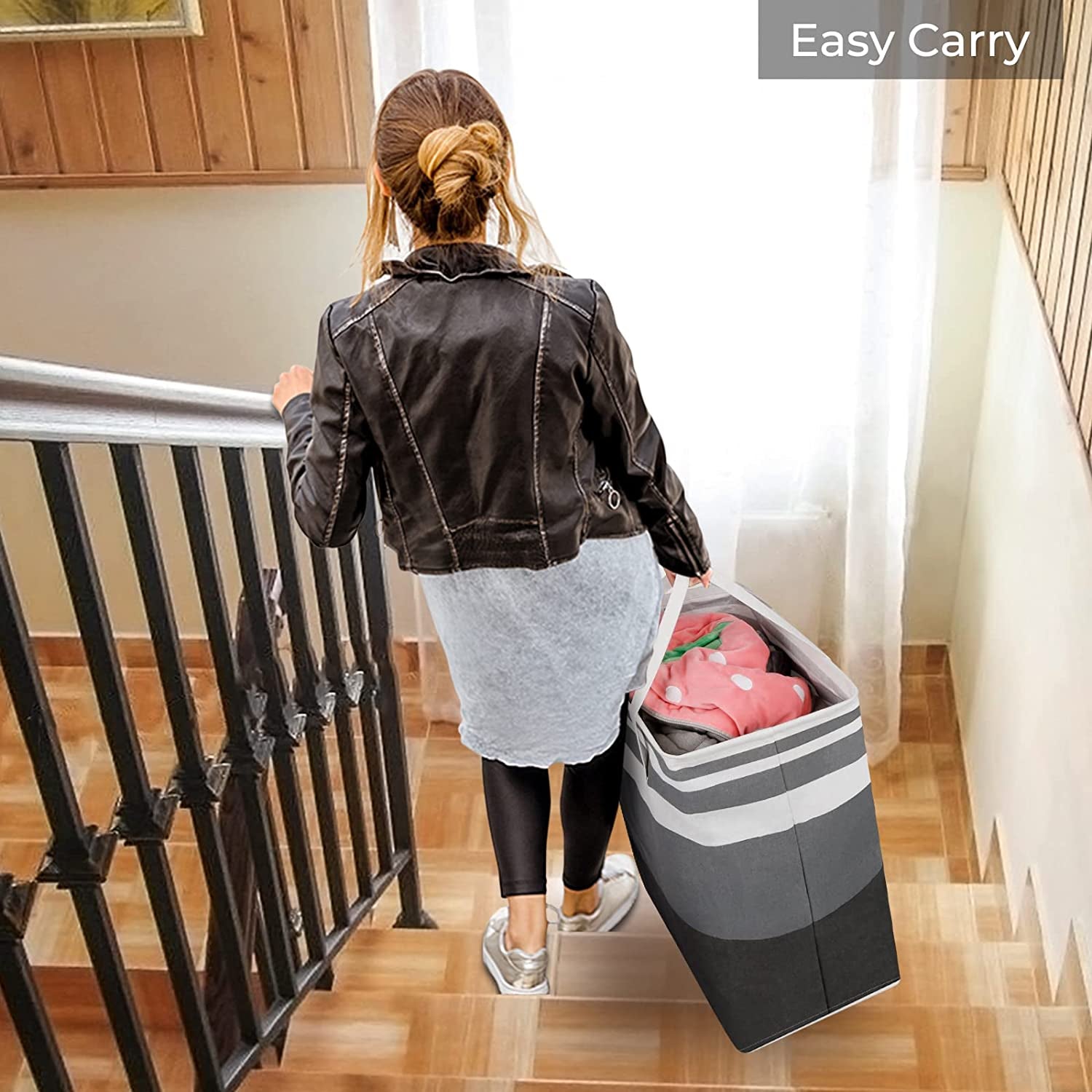 2 Pack Large Laundry Baskets, Waterproof, Freestanding Laundry Hampers, Collapsible Clothes Hamper with Reinforced Handles in Laundry Room, College Dorm, Bathroom, Bedroom (Grey, 75Lx2)