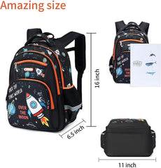 Kids Backpack for School Boys 6-10Age,16In Elementary Space Prints Bookbag | Kindergarten Lightweight Waterproof Large Capacity Sturdy Durable 6-Pockets Chest Buckle and Reflective Stripsfor Backpack