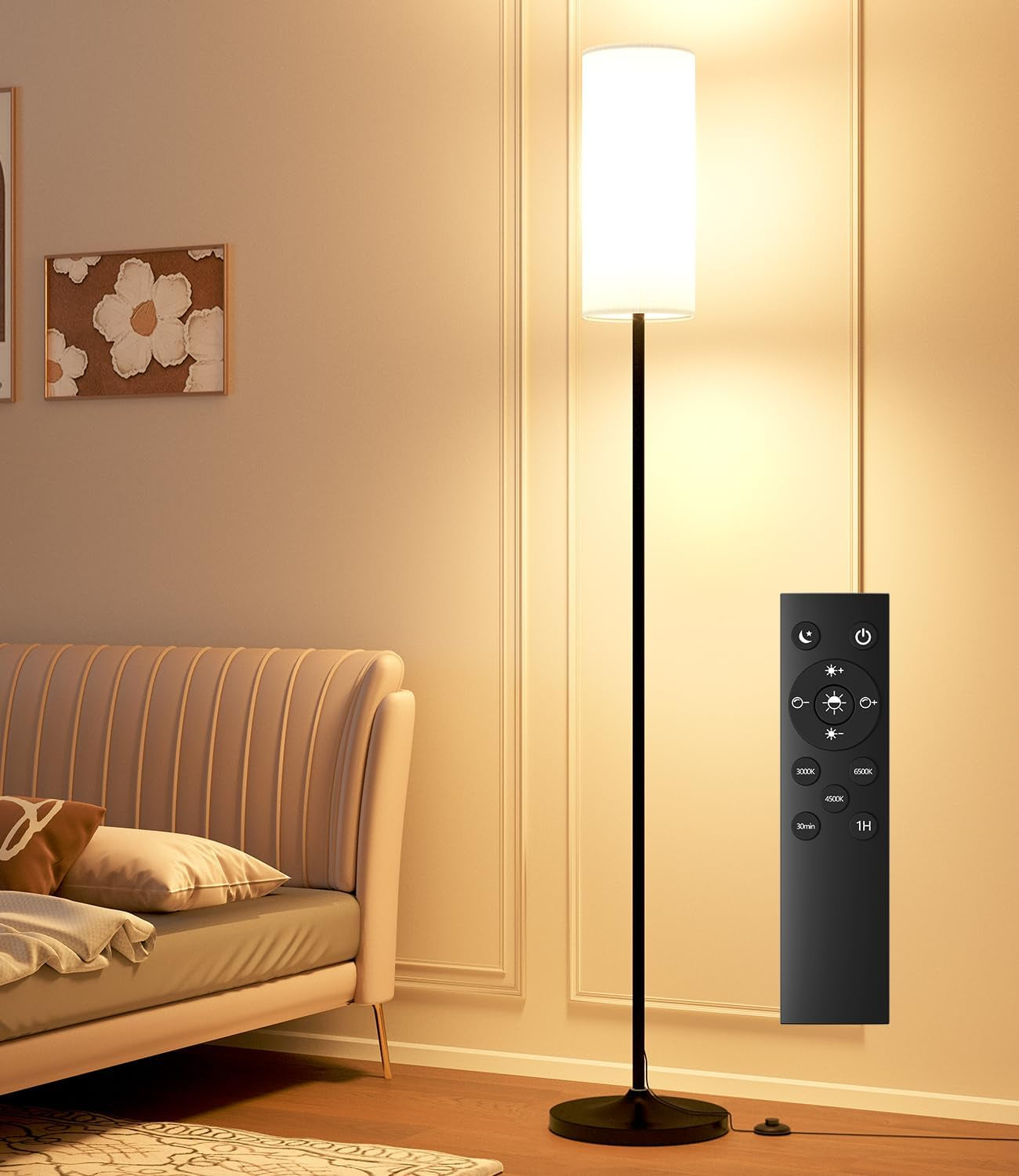 LED Floor Lamp for Living Room, Dimmable Standing Lamps with Foot Switch,Remote Custom Color Temperature Black Pole Lamp with Lampshade,12W Led Bulb Tall Lamps for Bedroom Office Kid Room