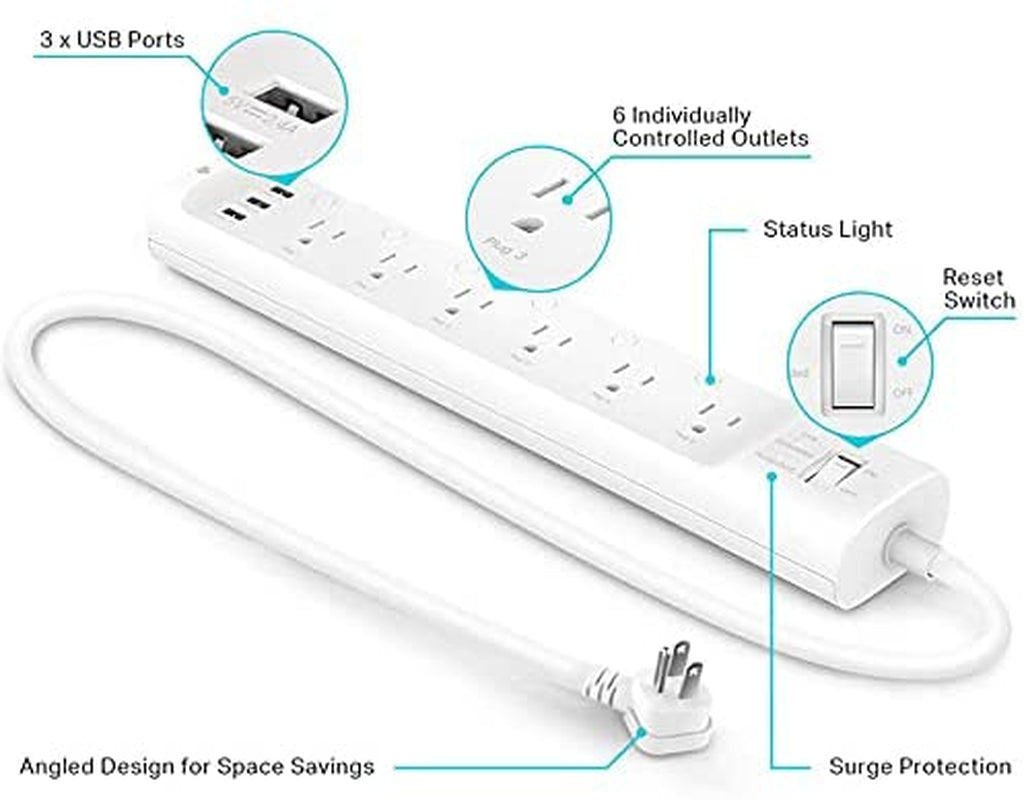 Plug Power Strip HS300, Surge Protector with 6 Individually Controlled Smart Outlets and 3 USB Ports, Works with Alexa & Google Home, No Hub Required , White