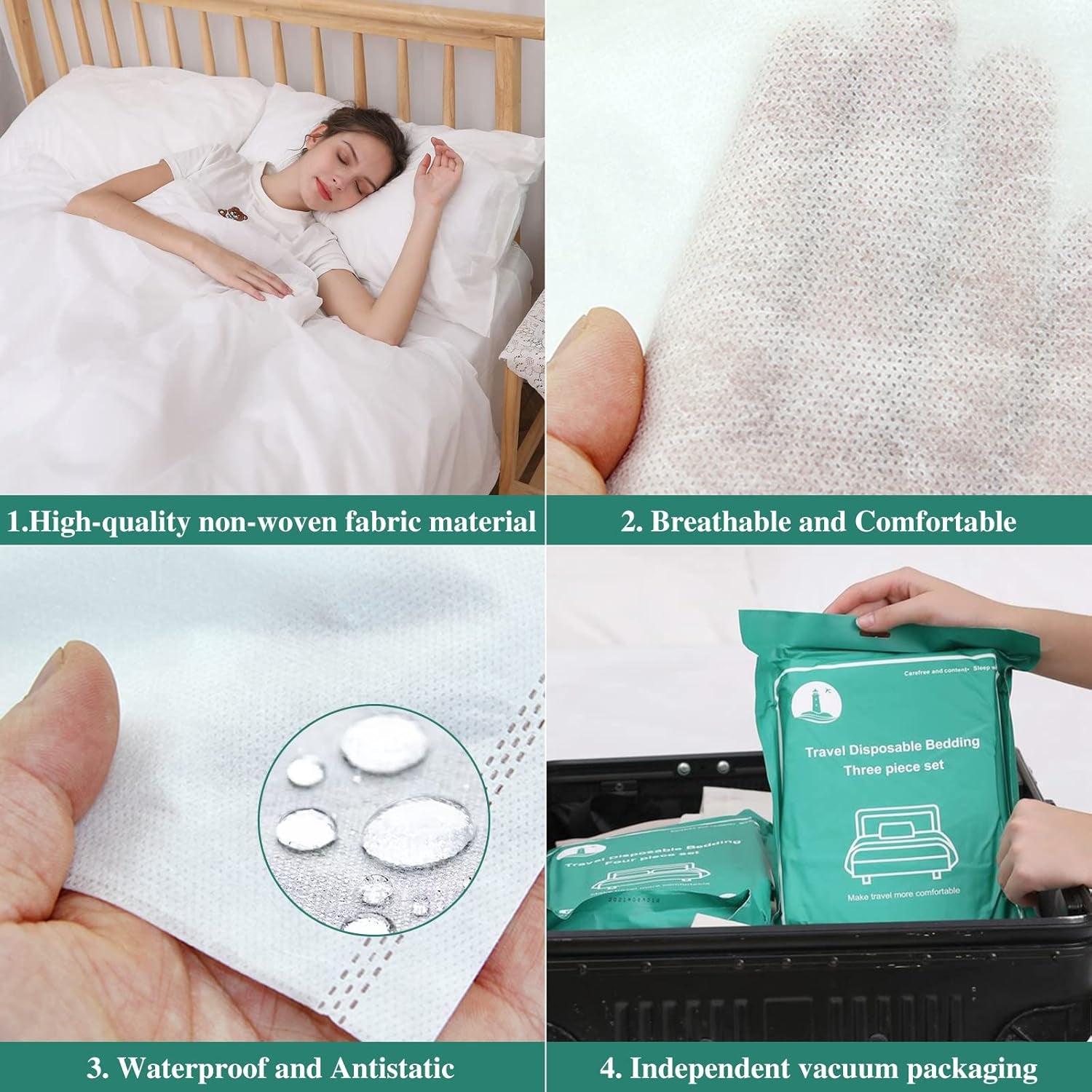 Disposable Bed Sheets Fitted Sheet, Disposable Travel Sheets for Travel with Quilt Cover and Pillowcase, Disposable Bedding Travel Bedding Disposable Sheets for Hotel Hospital 4 PCS