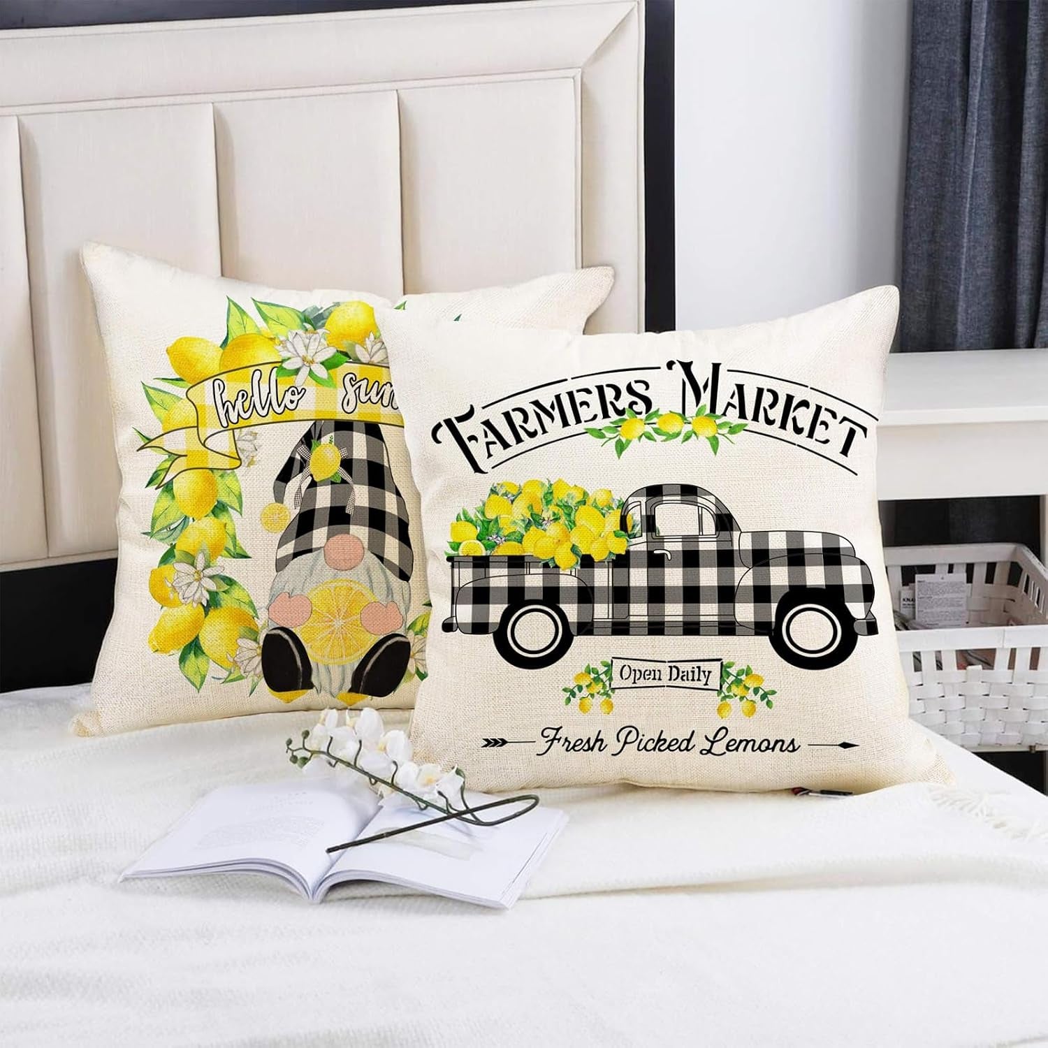 Summer Throw Pillow Covers 16X16, Lemon Pillow Covers(No Insert) | Set of 4, Outdoor Pillows Cover, Lemmon, Gnome, Truck, Farmhouse, Decorative Buffalo Plaid, Cushion, Bedroom, Indoor Decor
