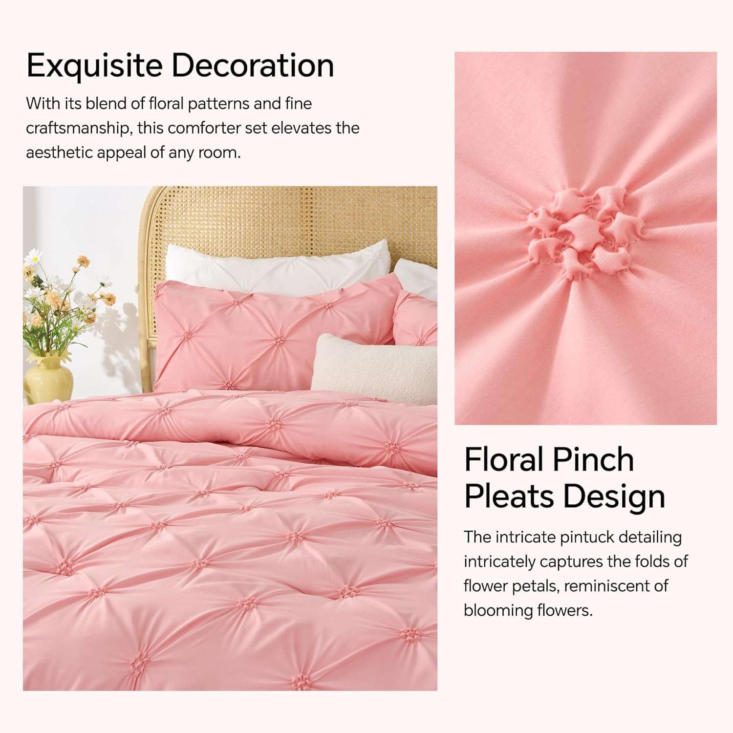 Pink Comforter Set Queen - 3 Pieces Boho Pintuck Bedding Comforter Sets, Lightweight Soft & Warm Bed Comforter Queen with 2 Pillowcases for All Season