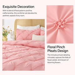 Pink Comforter Set Queen - 3 Pieces Boho Pintuck Bedding Comforter Sets, Lightweight Soft & Warm Bed Comforter Queen with 2 Pillowcases for All Season