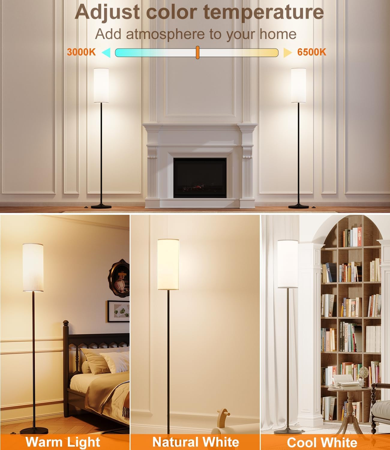 LED Floor Lamp for Living Room, Dimmable Standing Lamps with Foot Switch,Remote Custom Color Temperature Black Pole Lamp with Lampshade,12W Led Bulb Tall Lamps for Bedroom Office Kid Room