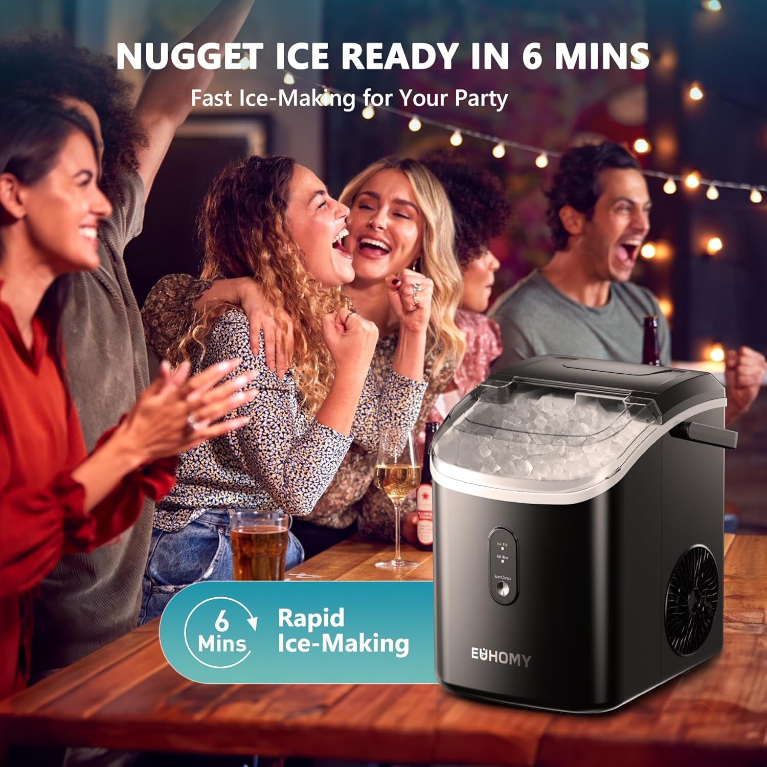 Nugget Ice Maker Countertop with Handle, Ready in 6 Mins, 34Lbs per Day, Removable Top Cover, Auto-Cleaning, Portable Sonic Ice Maker with Basket and Scoop, for Home/Party/Rv/Camping (Black)