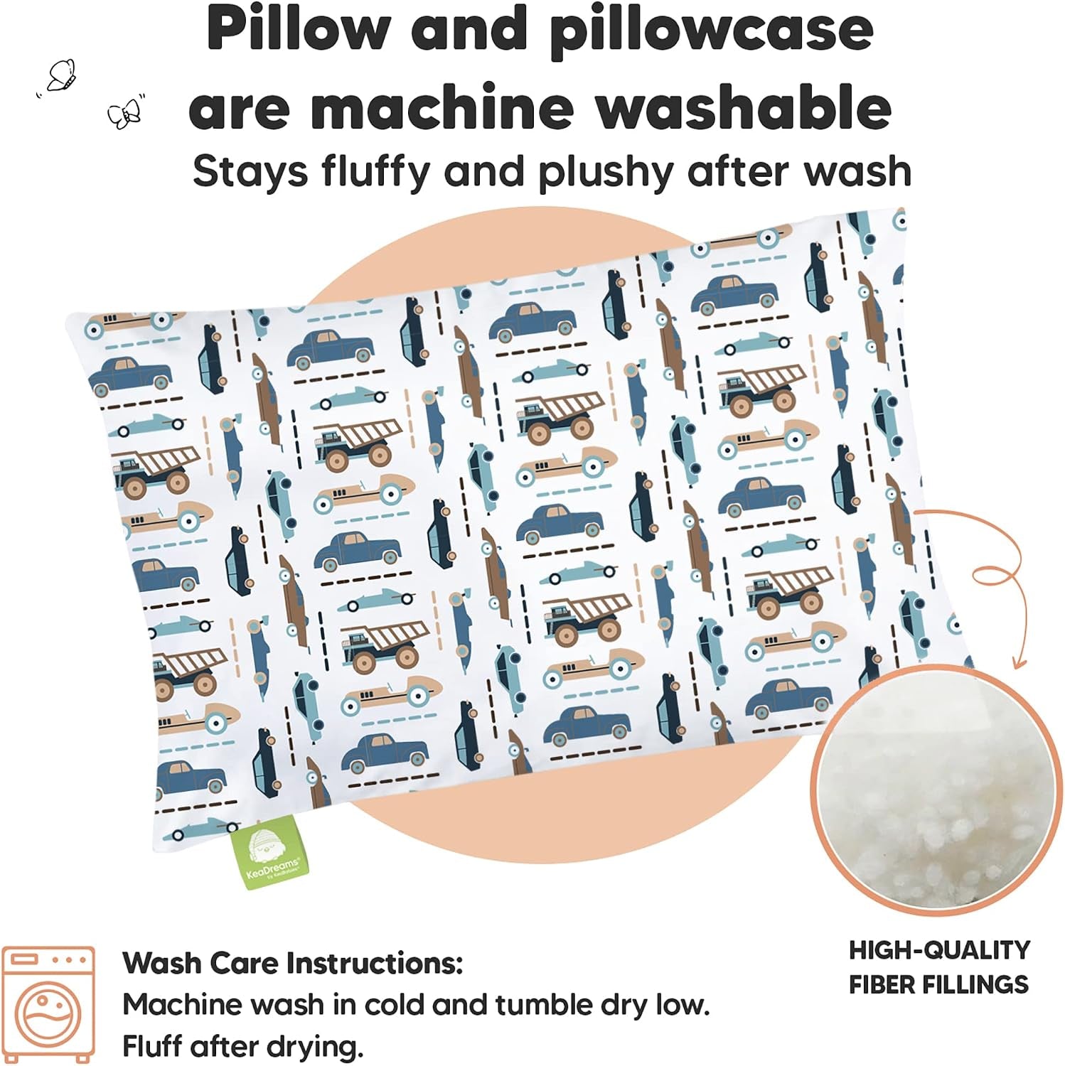 Toddler Pillow with Pillowcase, 13X18 My Little Dreamy Pillow (Vroom) | Kids Travel Bed Pillow for Sleep, Organic Cotton Small Pillowcase, Soft, Breathable, Machine Washable, Toddlers 2-5 Years Old