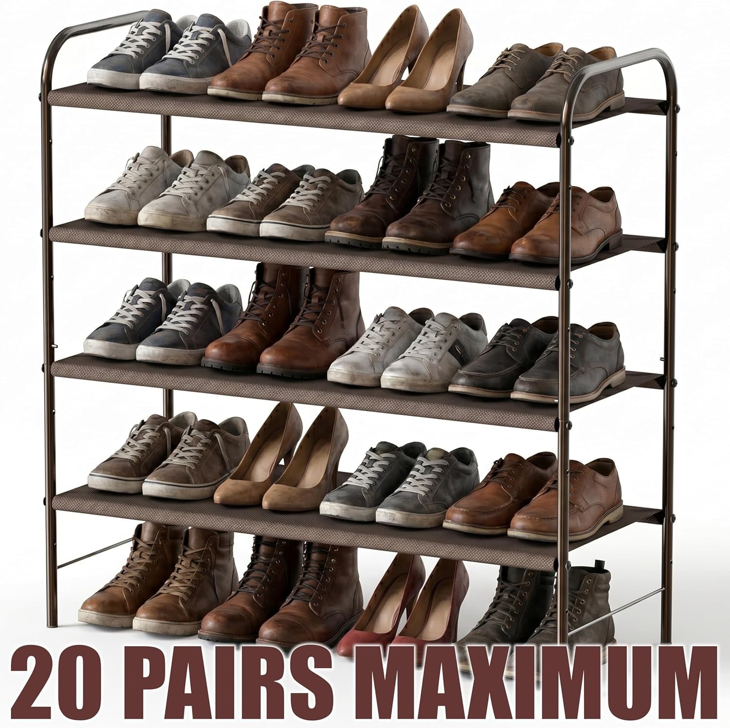 4-Tier Shoe Rack Storage Organizer, 12-20 Pair, Bronze | Space-Saving Shoe Shelf with Sturdy Metal Frame and Non-Woven Fabric Shelves for Entryway, Garage & Corridor