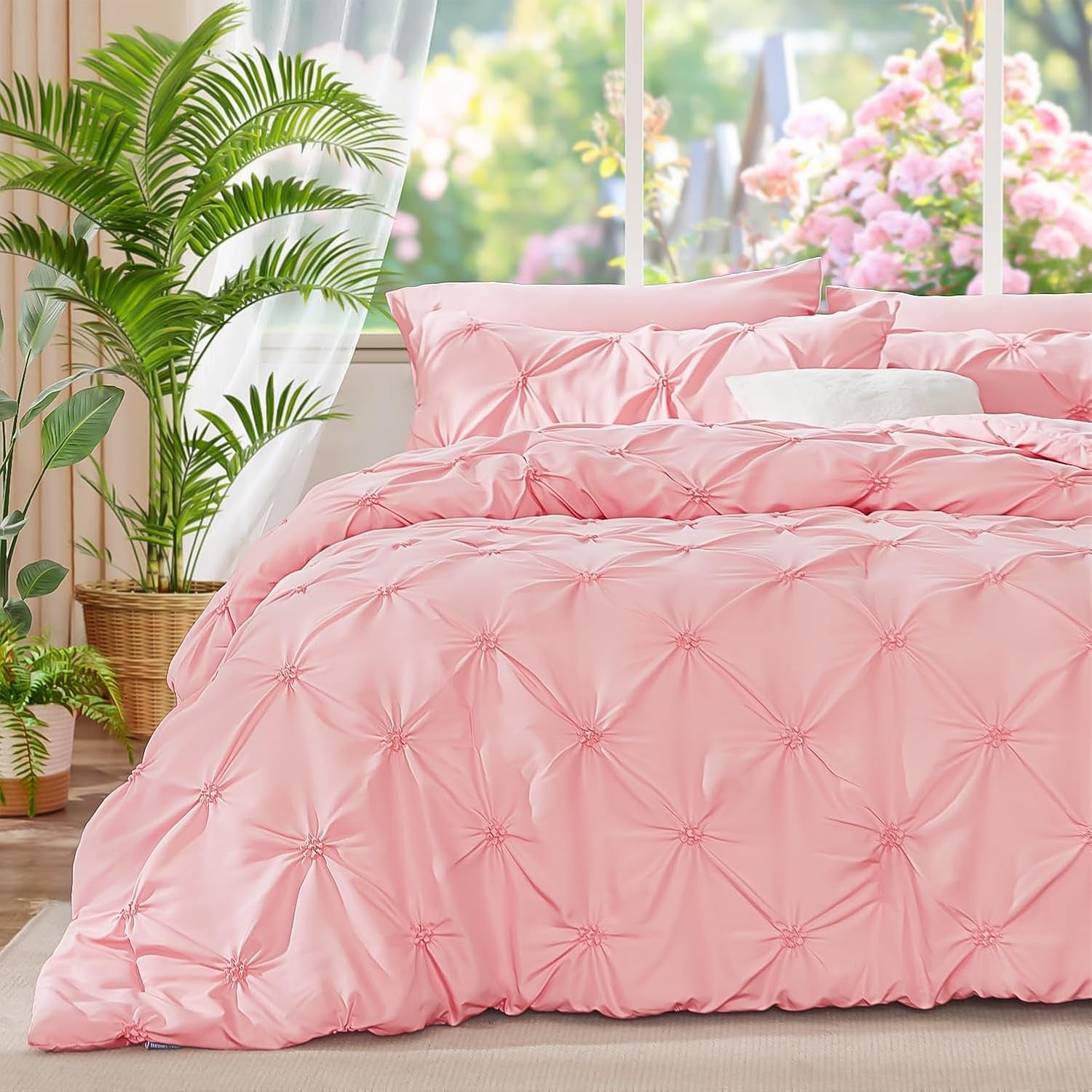 Pink Comforter Set Queen - 3 Pieces Boho Pintuck Bedding Comforter Sets, Lightweight Soft & Warm Bed Comforter Queen with 2 Pillowcases for All Season