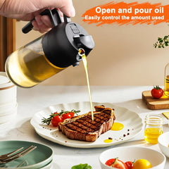 2 in 1 Glass Oil Sprayer & Dispenser,16Oz/470Ml Olive Cooking, Air Fryer, and Salad, for Kitchen Gadgets and Air Fryer Accessories, W/Stickers (Black)