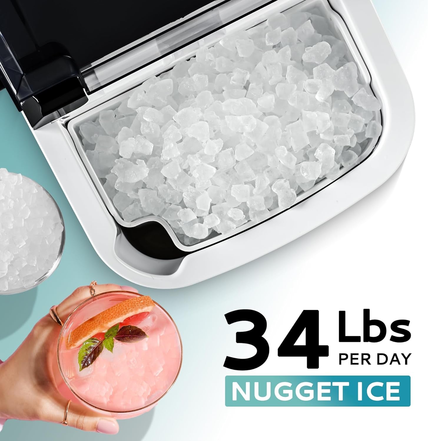 Nugget Ice Maker Countertop with Handle, Ready in 6 Mins, 34Lbs per Day, Removable Top Cover, Auto-Cleaning, Portable Sonic Ice Maker with Basket and Scoop, for Home/Party/Rv/Camping (Black)