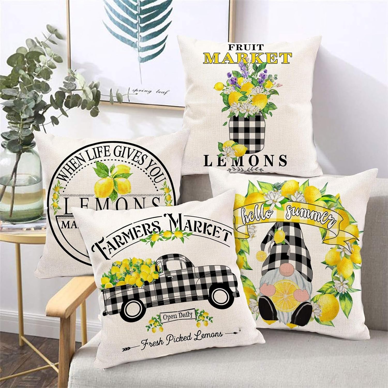 Summer Throw Pillow Covers 16X16, Lemon Pillow Covers(No Insert) | Set of 4, Outdoor Pillows Cover, Lemmon, Gnome, Truck, Farmhouse, Decorative Buffalo Plaid, Cushion, Bedroom, Indoor Decor
