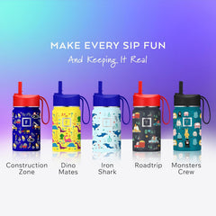 10 Oz Kids Insulated Water Bottle | Vacuum Insulated Kids Water Bottle with Leakproof Straw Lid & 20 Name Stickers - BPA Free (Dino Mates)