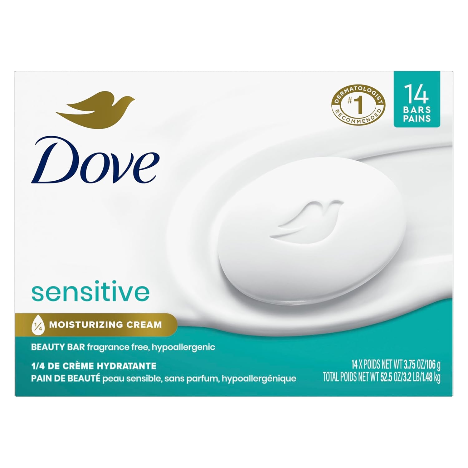 Dove Beauty Bar More Moisturizing than Bar Soap for Softer Skin, Fragrance-Free, Hypoallergenic, Sensitive Skin with Gentle Cleanser 3.75 Oz 14 Bars