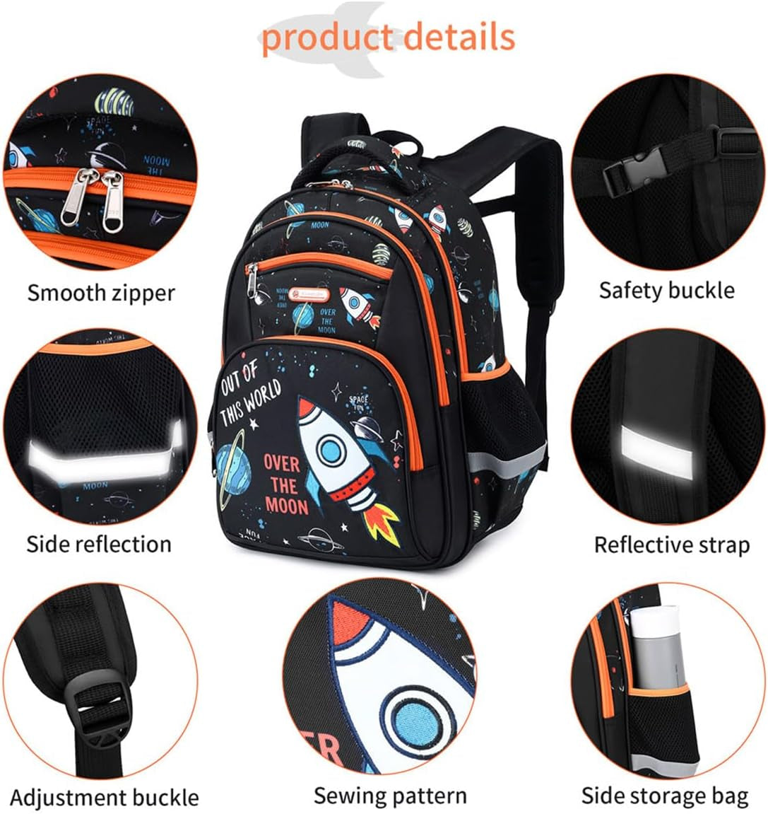 Kids Backpack for School Boys 6-10Age,16In Elementary Space Prints Bookbag | Kindergarten Lightweight Waterproof Large Capacity Sturdy Durable 6-Pockets Chest Buckle and Reflective Stripsfor Backpack