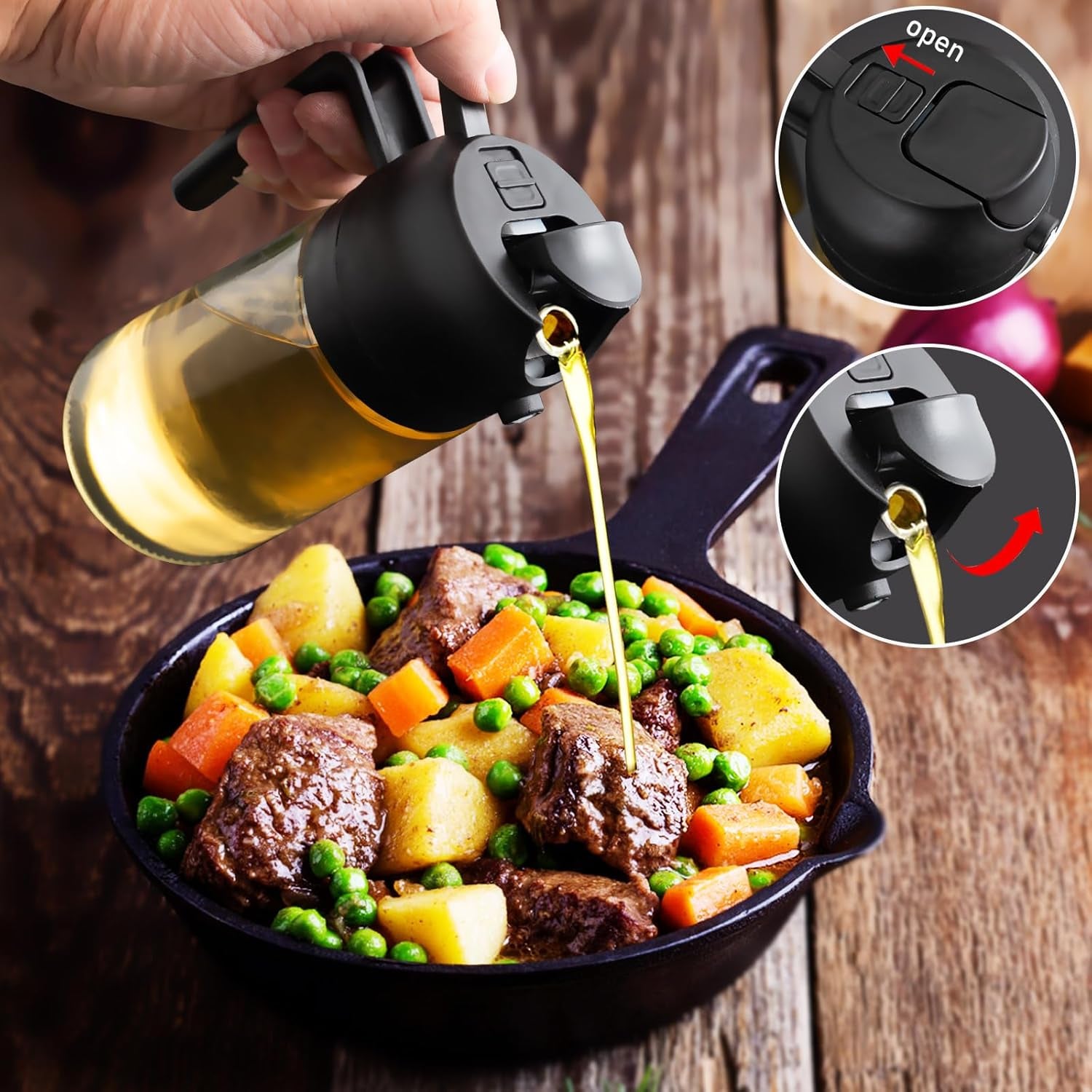 2 in 1 Glass Oil Sprayer & Dispenser,16Oz/470Ml Olive Cooking, Air Fryer, and Salad, for Kitchen Gadgets and Air Fryer Accessories, W/Stickers (Black)