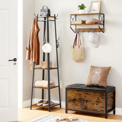 VASAGLE Coat Rack, Coat Stand with 3 Shelves, Hall Tree Free Standing with Hooks for Scarves, Bags, Umbrellas, Steel Frame, Industrial Style, for Entryway, Living Room, Rustic Brown and Black ULCR80X | Coat Hanger Stand, for Clothes, Hat, Bag, Modern Basic, Rustic Brown and Black, BARNET Collection ULCR80X