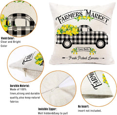 Summer Throw Pillow Covers 16X16, Lemon Pillow Covers(No Insert) | Set of 4, Outdoor Pillows Cover, Lemmon, Gnome, Truck, Farmhouse, Decorative Buffalo Plaid, Cushion, Bedroom, Indoor Decor