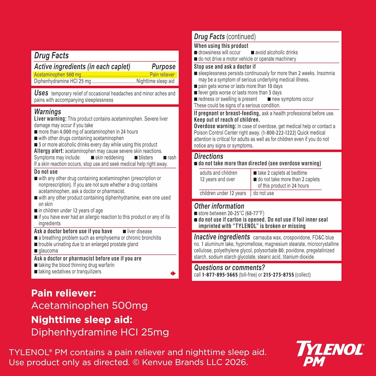 Tylenol PM Extra Strength Caplets, 500 Mg Acetaminophen, 150 Ct