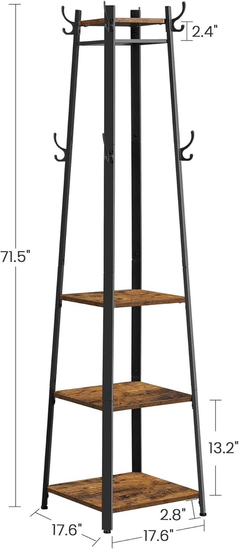VASAGLE Coat Rack, Coat Stand with 3 Shelves, Hall Tree Free Standing with Hooks for Scarves, Bags, Umbrellas, Steel Frame, Industrial Style, for Entryway, Living Room, Rustic Brown and Black ULCR80X | Coat Hanger Stand, for Clothes, Hat, Bag, Modern Basic, Rustic Brown and Black, BARNET Collection ULCR80X